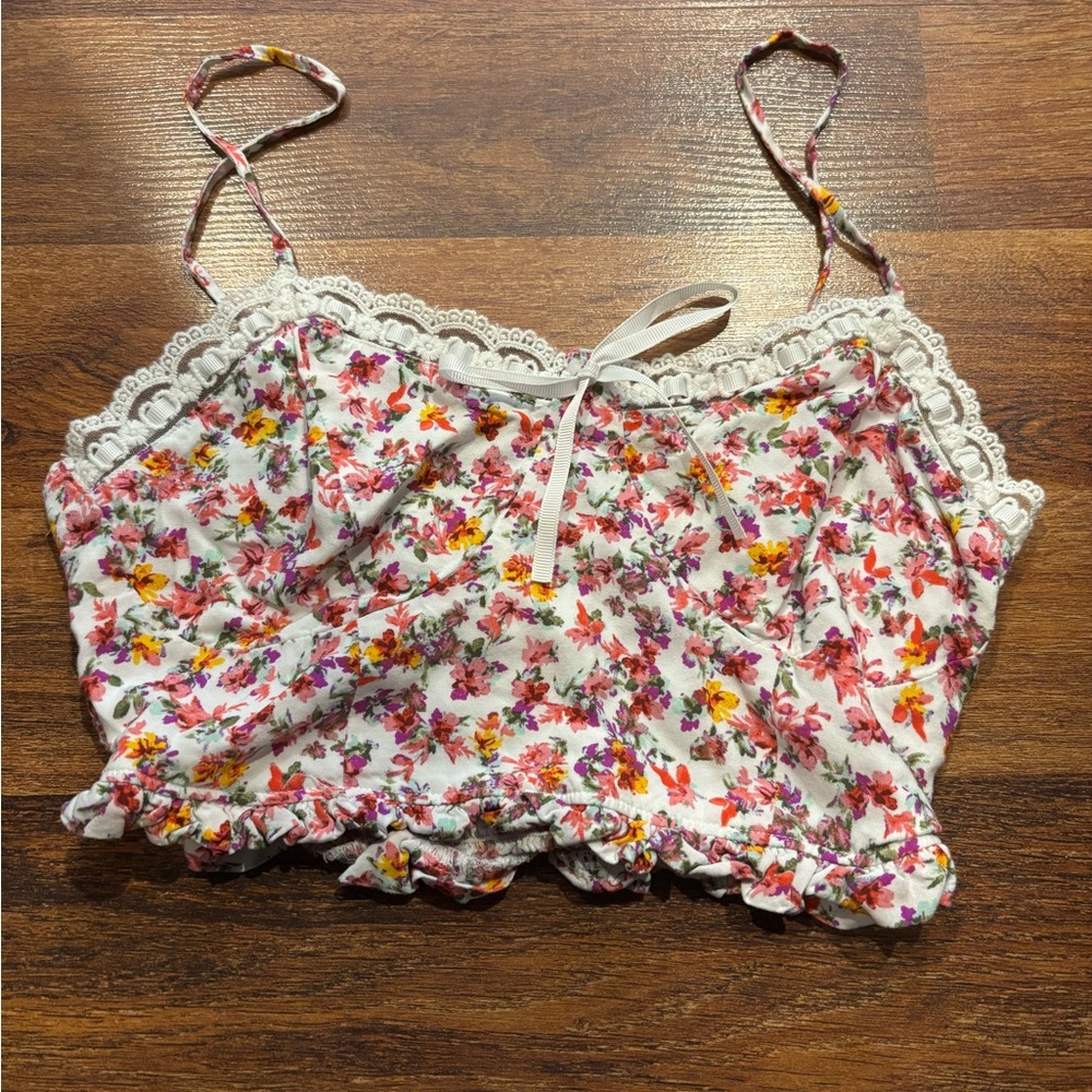 Aeropostale White Floral Lace-Trim Crop Cami with Pink & Yellow Flowers